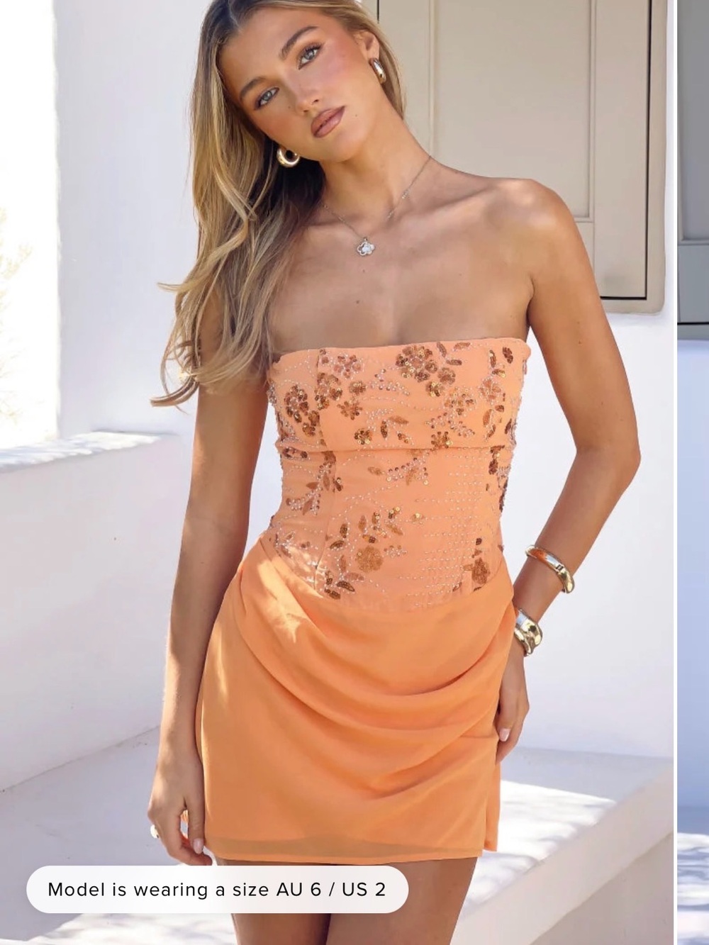 Beginning Boutique Strapless Peach Sequin Mini Dress